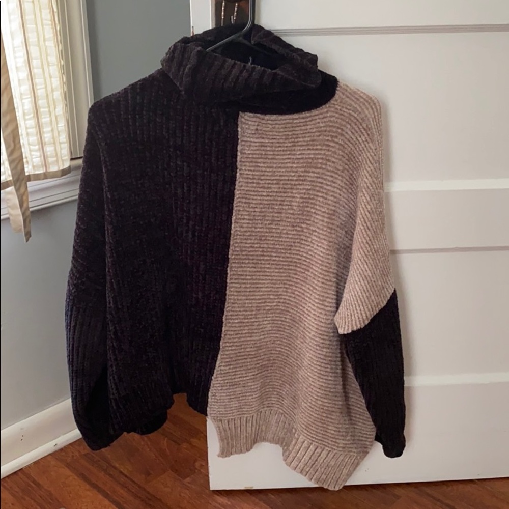 Split Black & Tan Turtleneck w/ Asymmetrical Hem